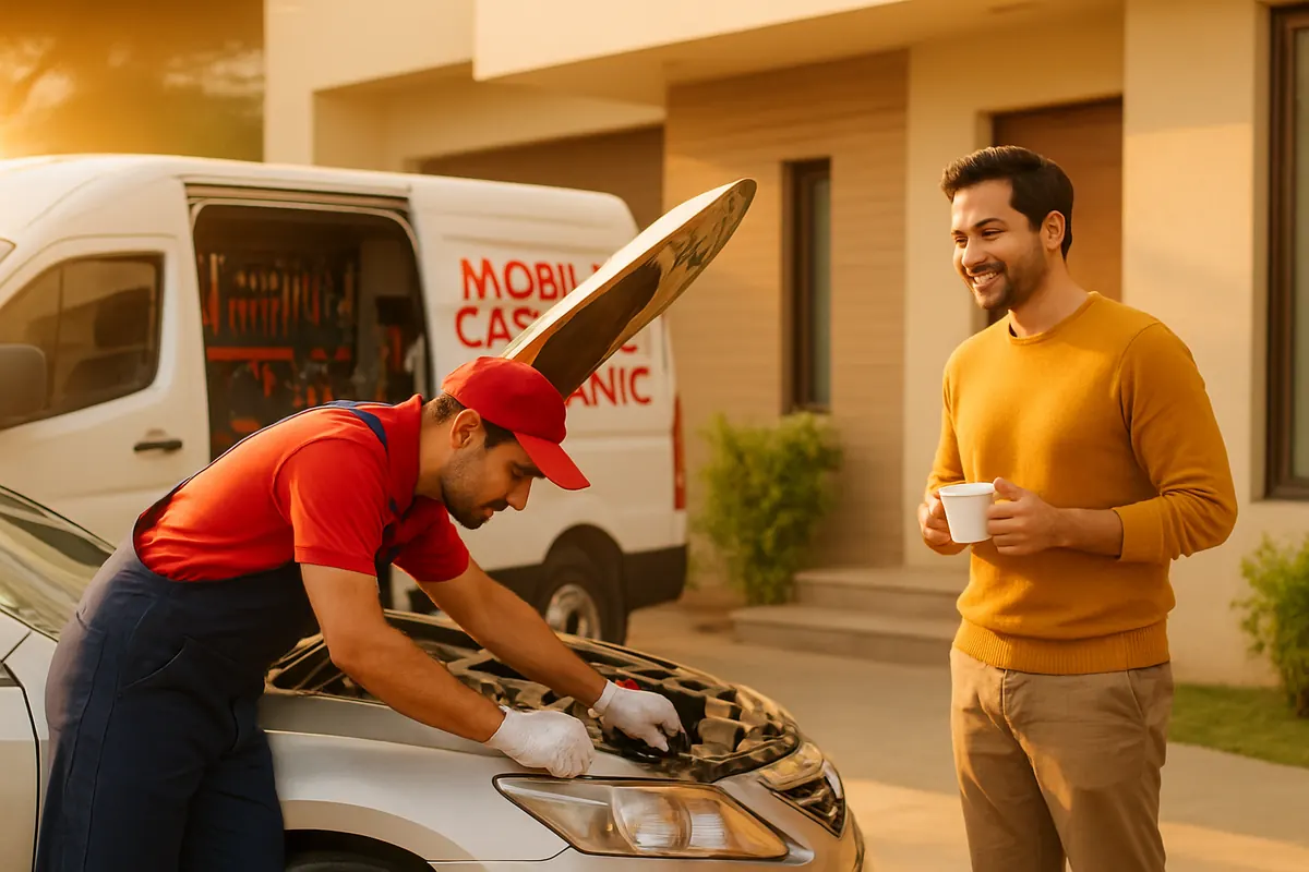Doorstep car service — AutoFix mobile mechanic working at a customer's driveway