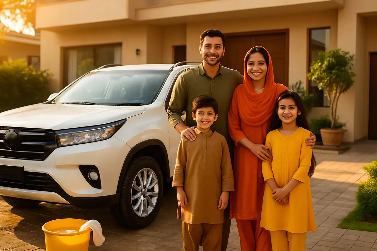 Happy family with their freshly serviced car — AutoFix doorstep car care Islamabad Rawalpindi