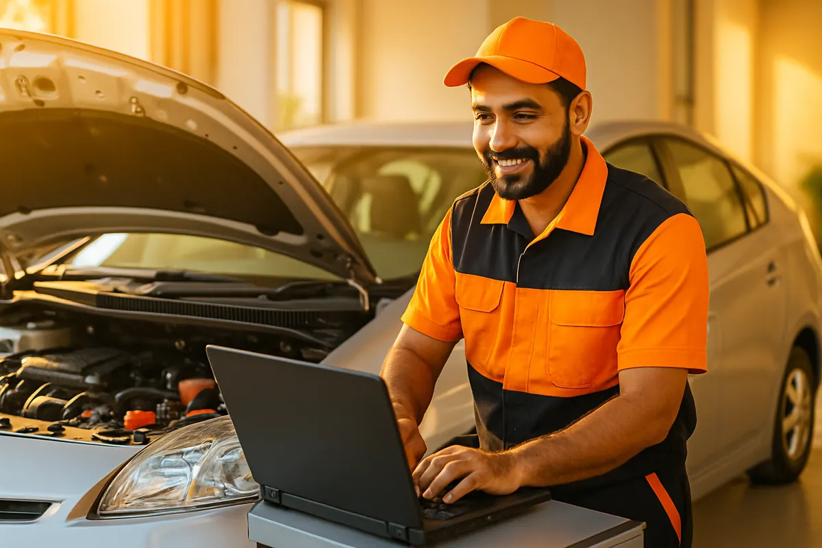 AutoFix hybrid specialist running computerized diagnostics on a Toyota Prius in Islamabad