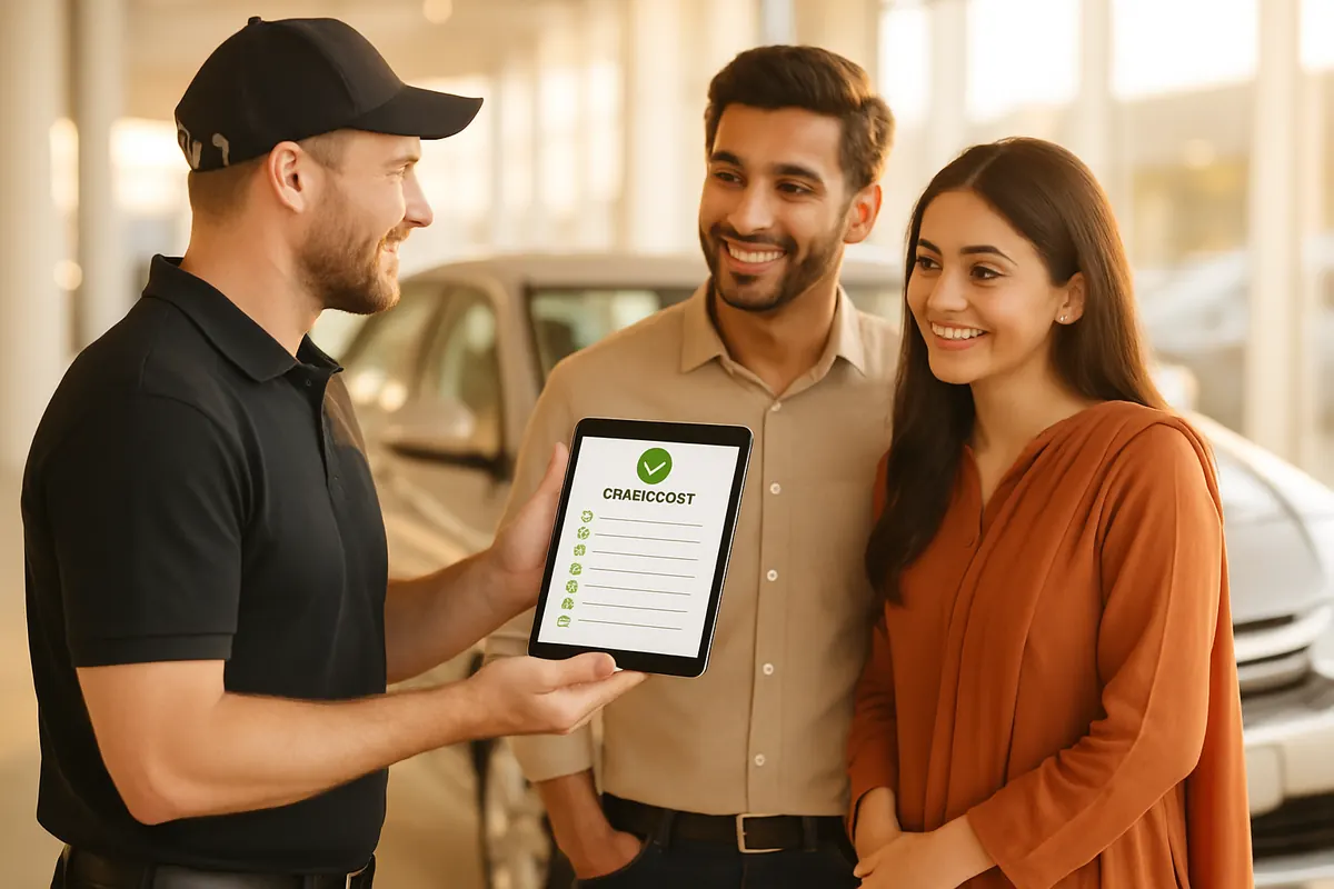 AutoFix inspector sharing a 250-point used car inspection report with buyers in Islamabad
