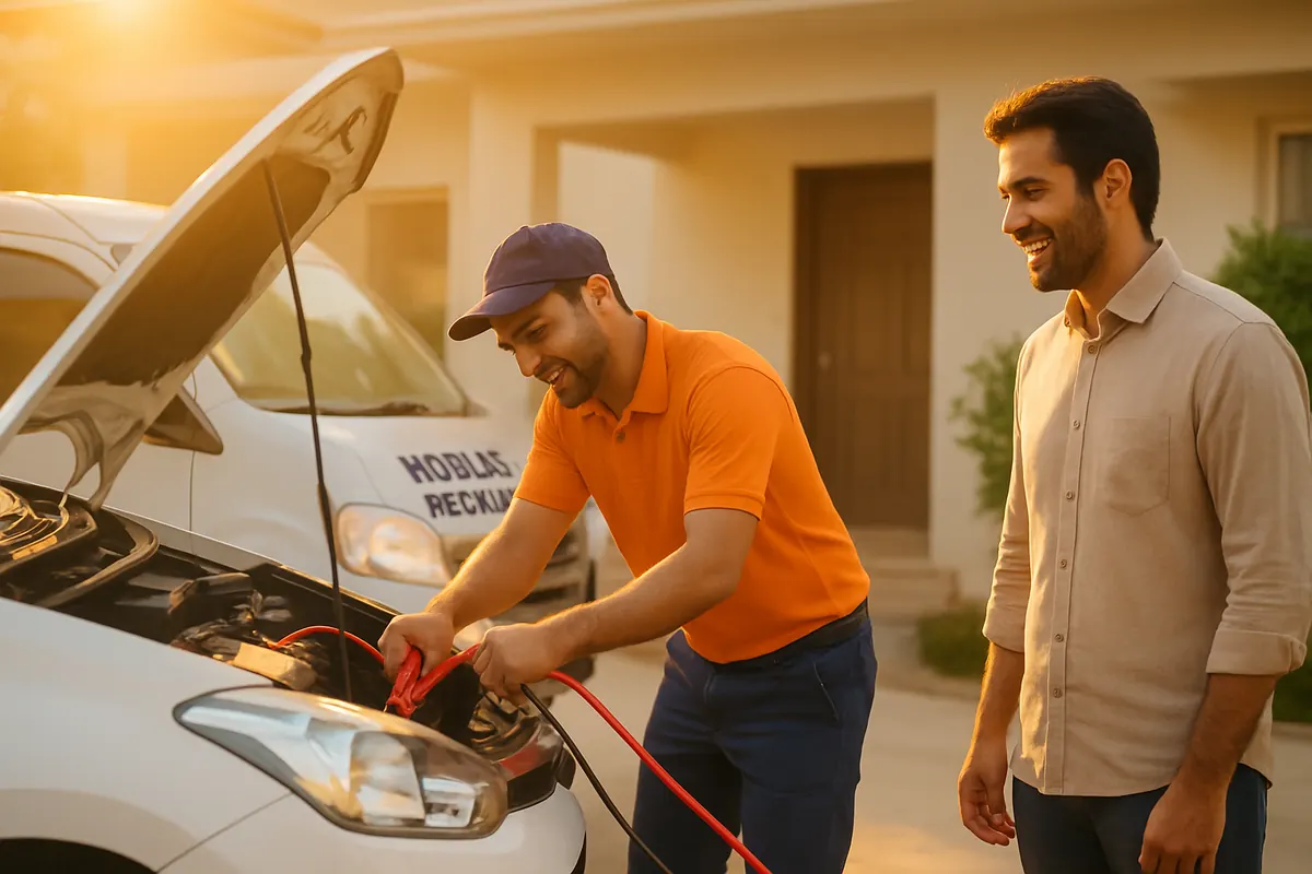 AutoFix mobile mechanic jump-starting a car at a home in Rawalpindi